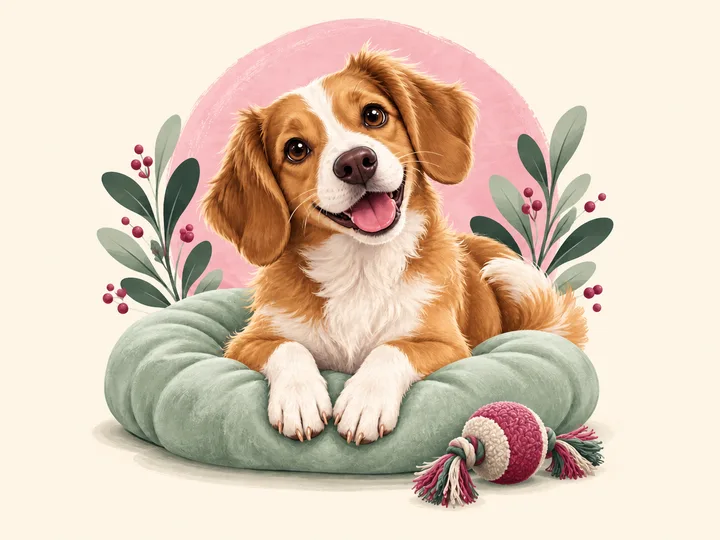 Illustration of a gold-and-white dog with long soft ears lying on a sage cushion beside a berry rope toy, with a blush circle and leafy sprigs behind.