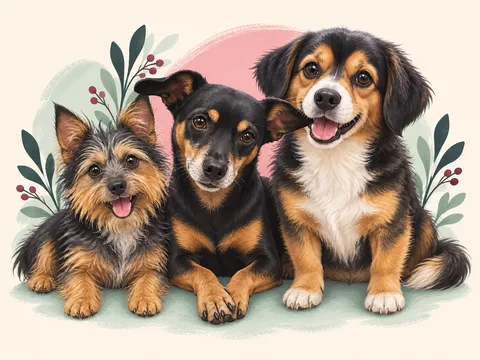 Illustration of three small dogs with distinct grey, black, tan and white coats, lying side by side.