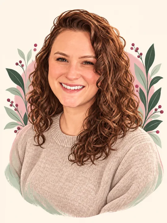 Illustration of Gentry, your caretaker: smiling, with long curly brown hair, in a knit sweater.