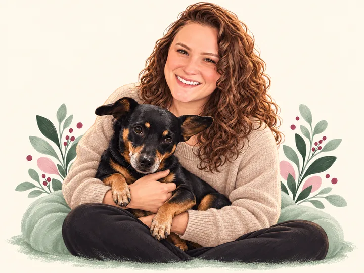 Illustration of Gentry sitting cross-legged, holding a small black-and-tan dog.