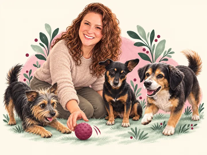 Illustration of Gentry kneeling on the grass, playing with three dogs and a berry ball.