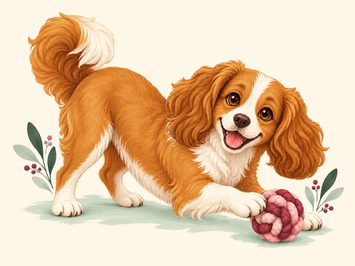Illustration of the gold-and-white dog in a play bow beside a berry rope toy.