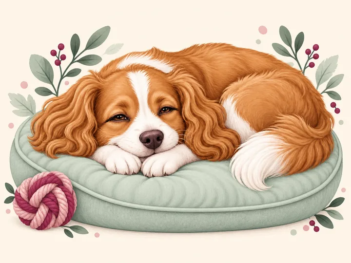 Illustration of the gold-and-white dog curled up asleep on a sage cushion, a rope toy beside it.